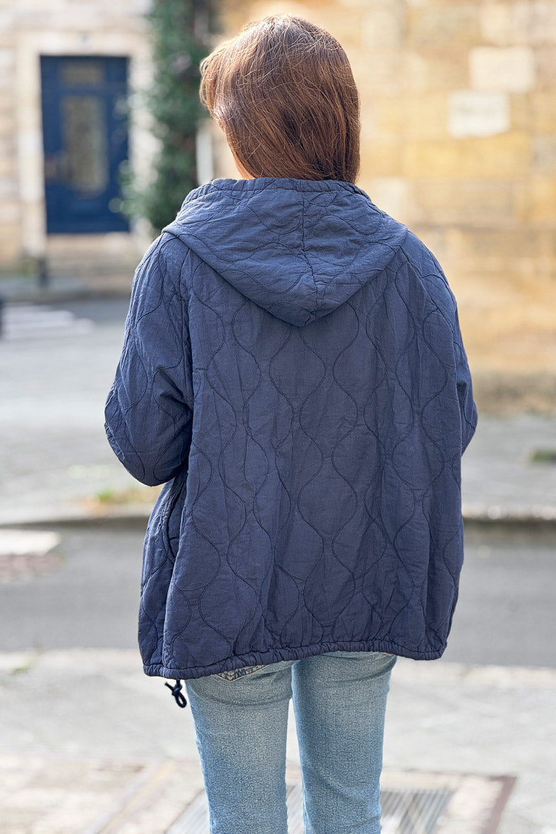 Navy Blue Quilted Cotton Zip-Up Hoodie