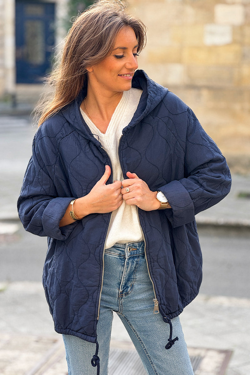 Navy Blue Quilted Cotton Zip-Up Hoodie