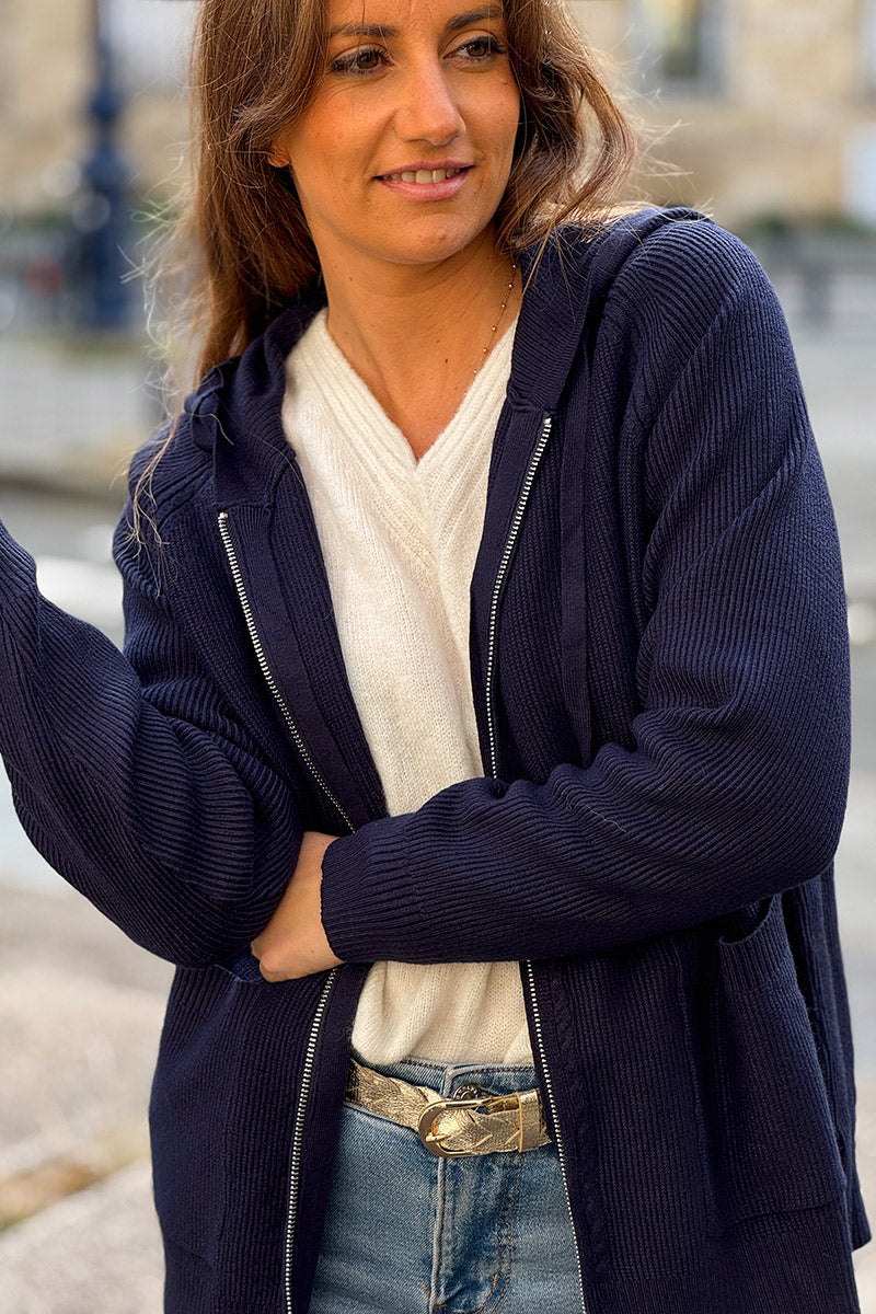 Navy Blue Sweater Knit Zip-Up Hoodie