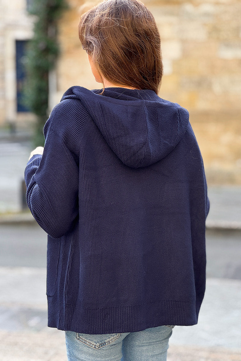 Navy Blue Sweater Knit Zip-Up Hoodie