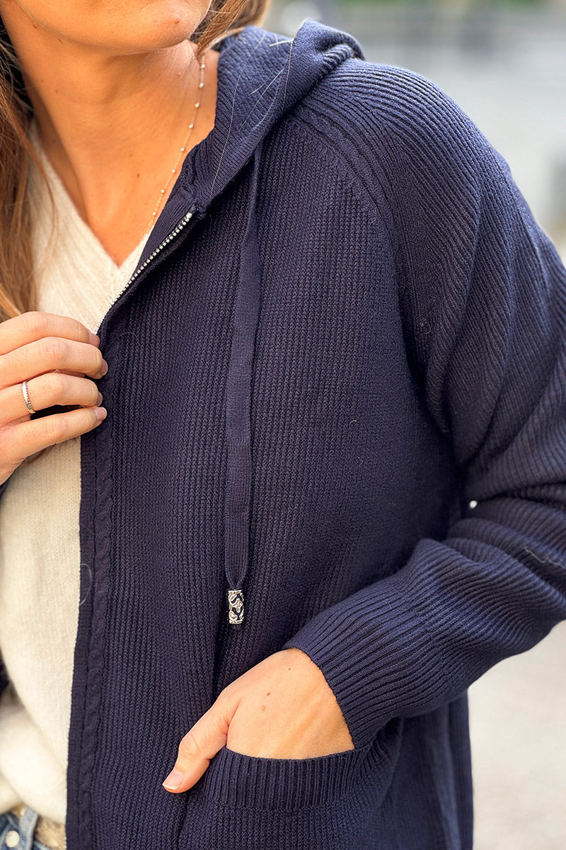 Navy Blue Sweater Knit Zip-Up Hoodie