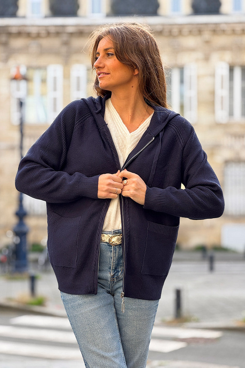 Navy Blue Sweater Knit Zip-Up Hoodie