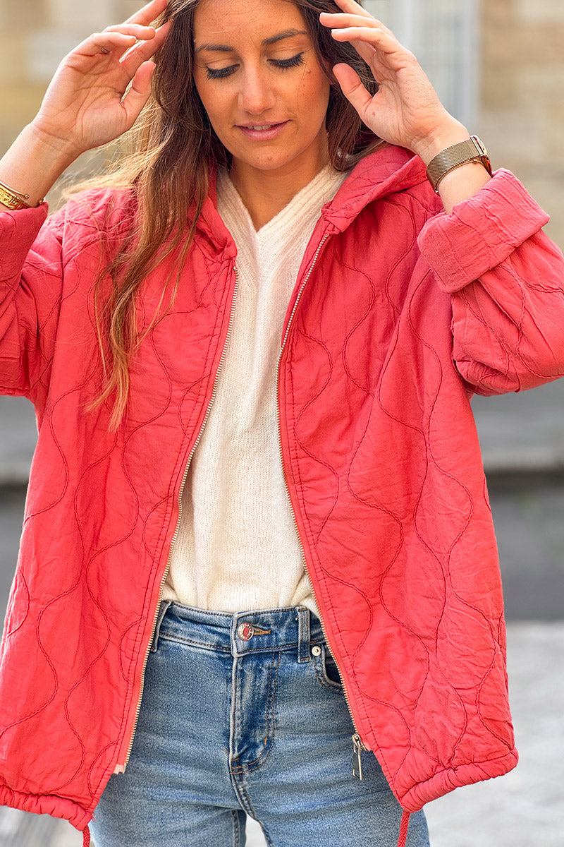 Pink Quilted Cotton Zip-Up Hoodie