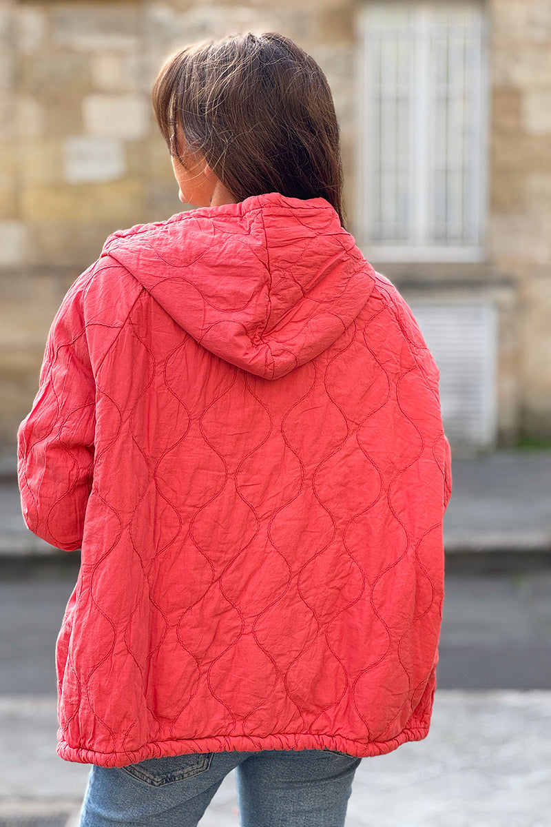 Pink Quilted Cotton Zip-Up Hoodie