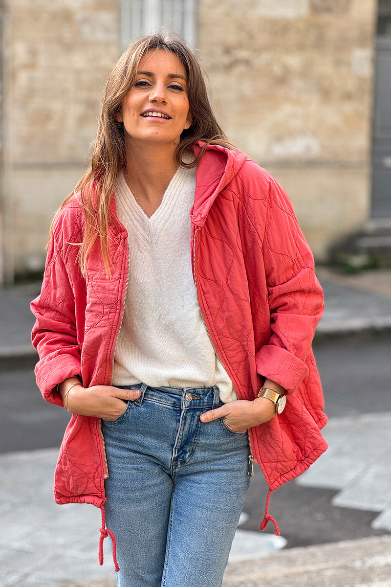 Pink Quilted Cotton Zip-Up Hoodie