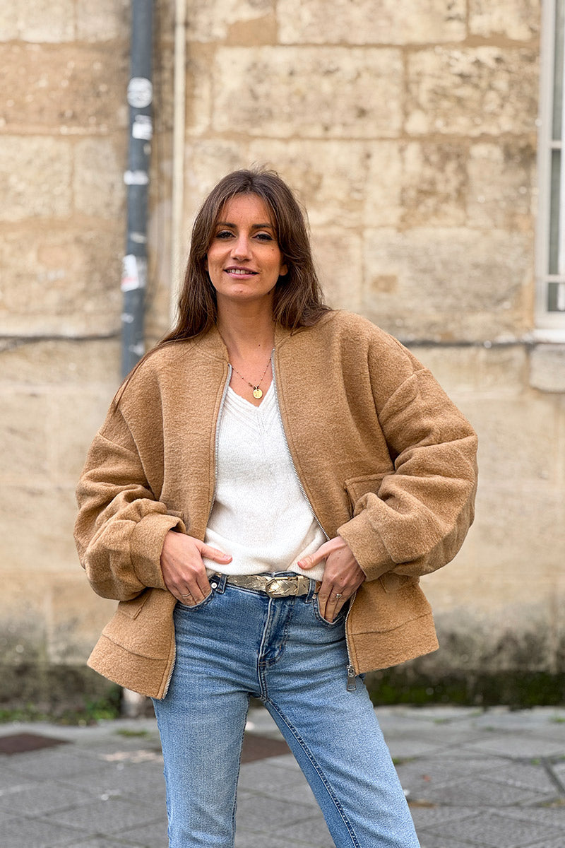 Veste chaude camel style bomber en laine avec zip et poches
