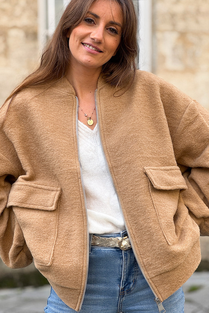 Veste chaude camel style bomber en laine avec zip et poches