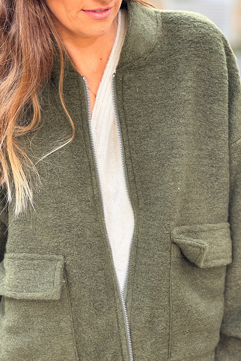 Veste chaude kaki style bomber en laine avec zip et poches