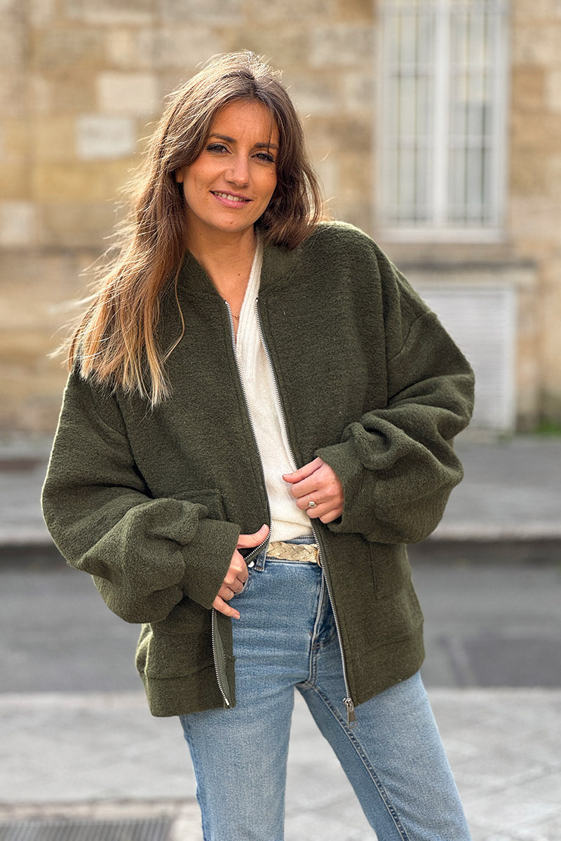 Veste chaude kaki style bomber en laine avec zip et poches