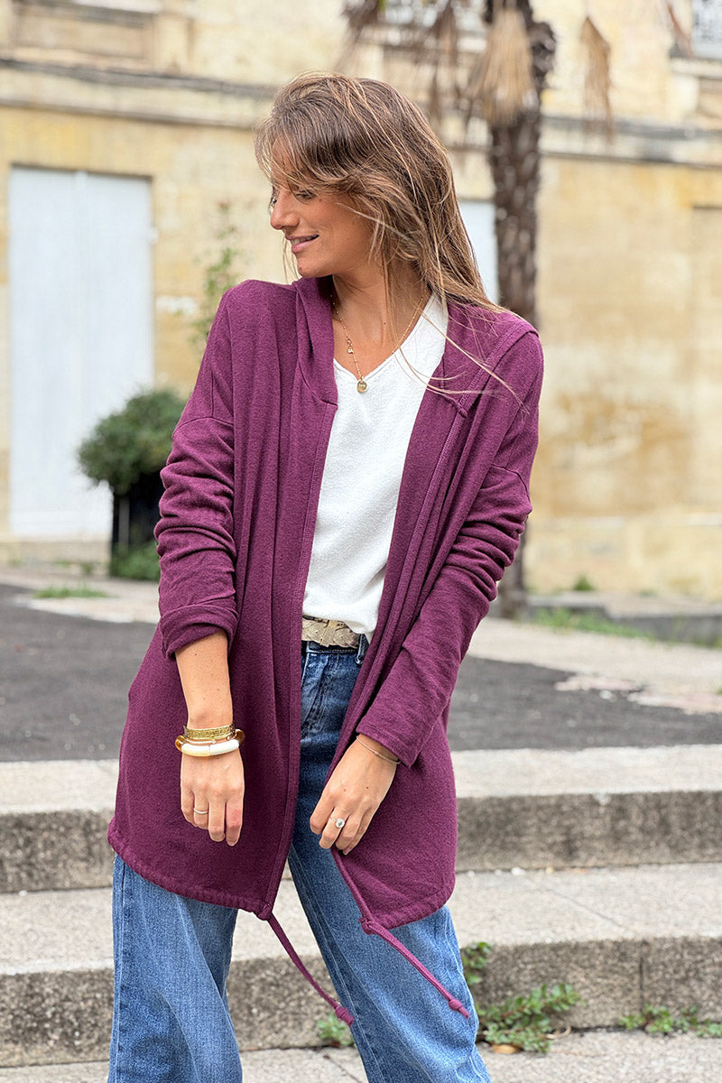 Burgundy Knit Hooded Cardigan