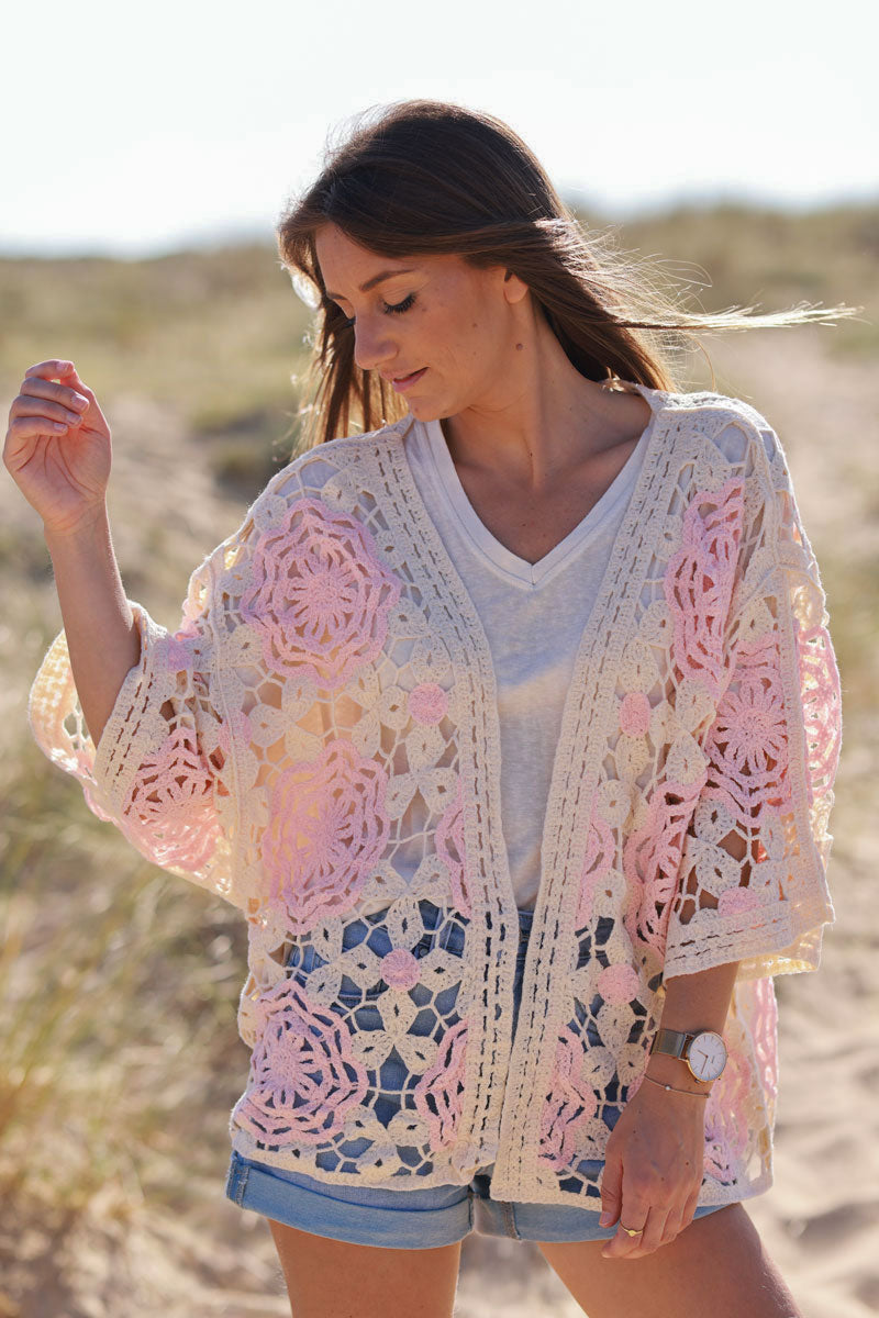 Light Pink Doily Square Crochet Lace Cardigan
