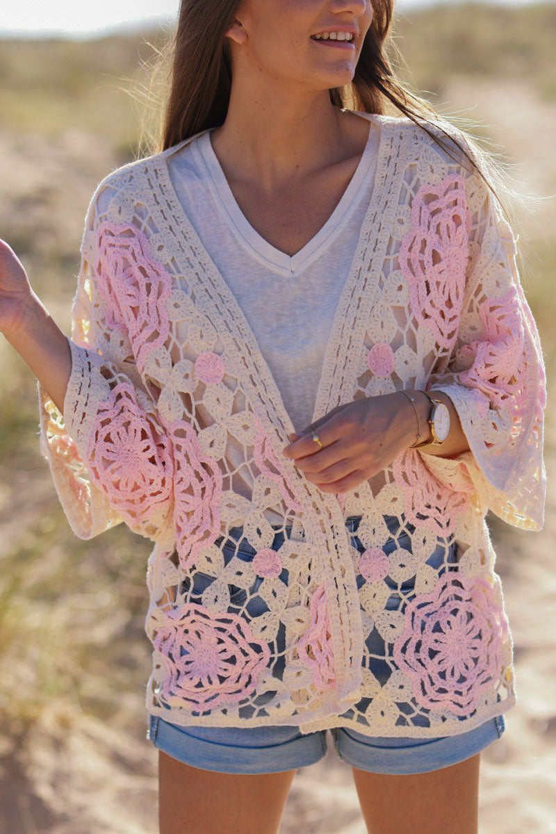 Light Pink Doily Square Crochet Lace Cardigan