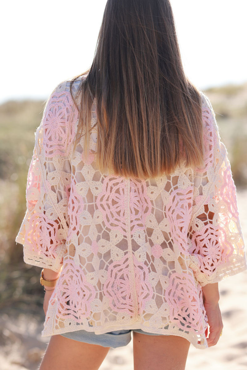 Light Pink Doily Square Crochet Lace Cardigan