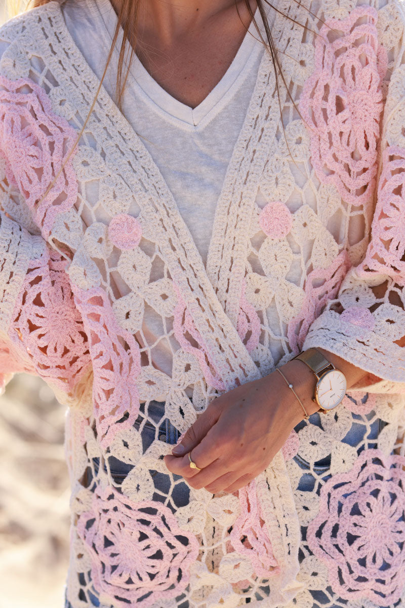 Light Pink Doily Square Crochet Lace Cardigan