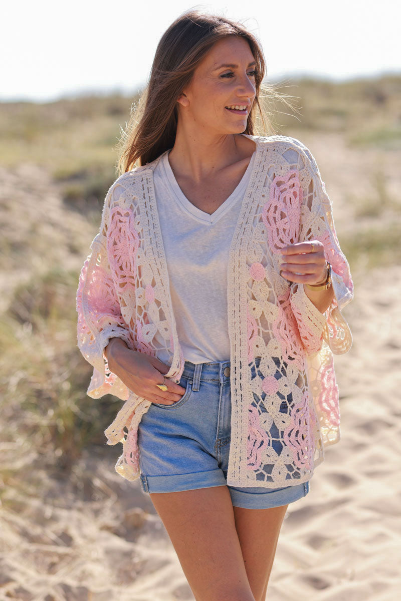 Light Pink Doily Square Crochet Lace Cardigan