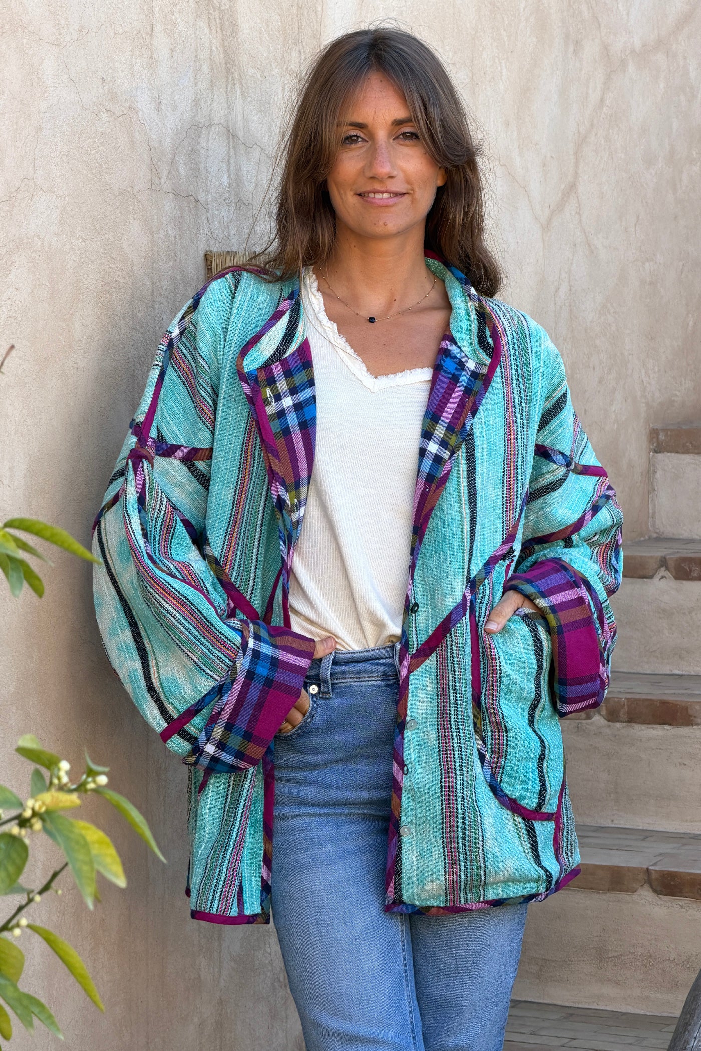 Turquoise Southwest Stripe Blanket Jacket