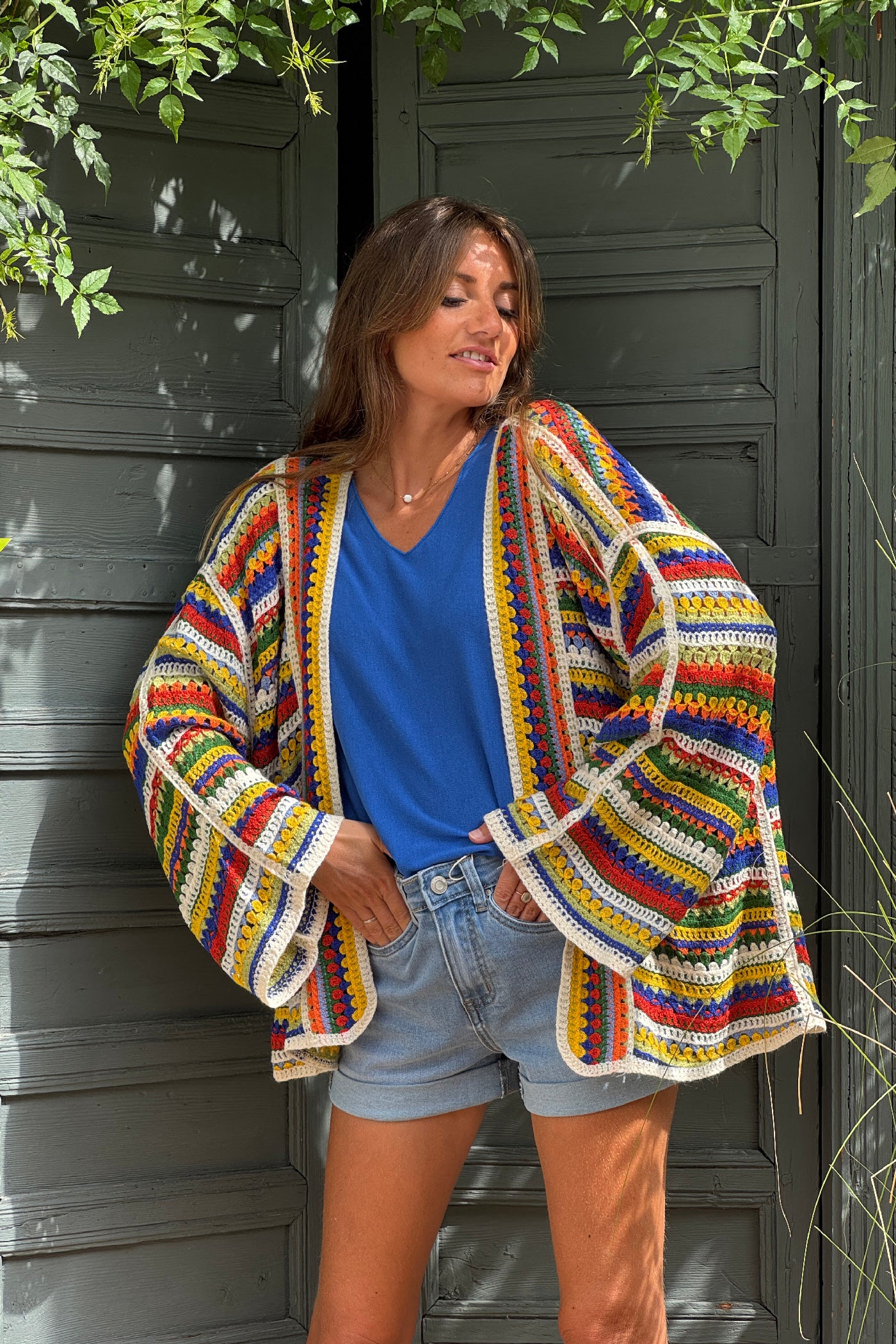 Veste en crochet rayures colorées multicolores