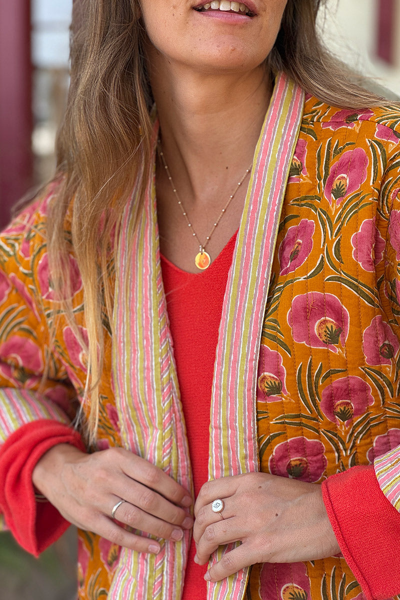 Veste en gaze de coton matelassé rouille imprimé coquelicots peints