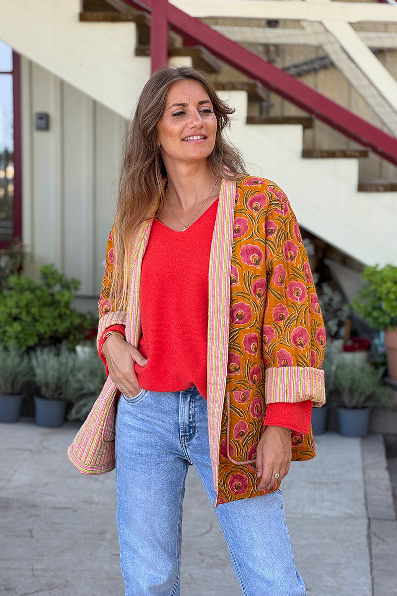 Veste en gaze de coton matelassé rouille imprimé coquelicots peints