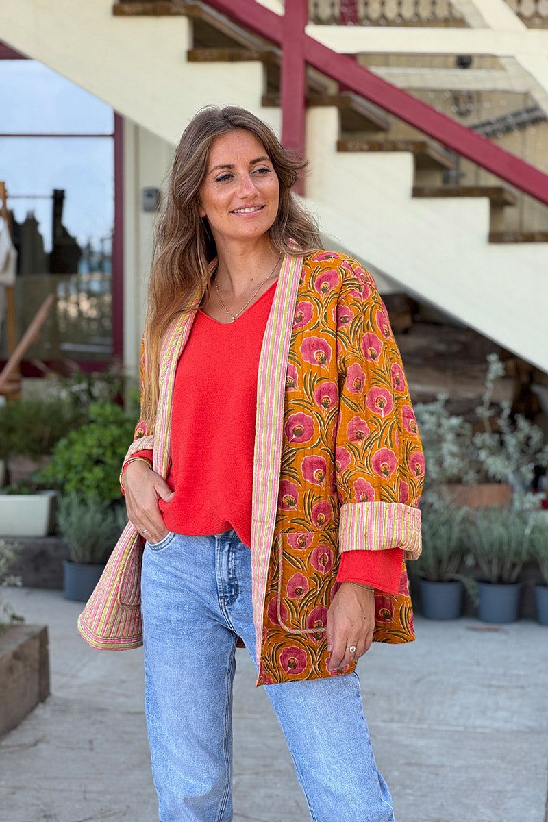 Veste en gaze de coton matelassé rouille imprimé coquelicots peints