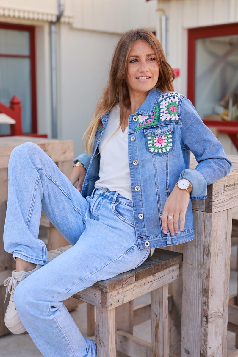 Medium Wash Crochet Squares Denim Jacket