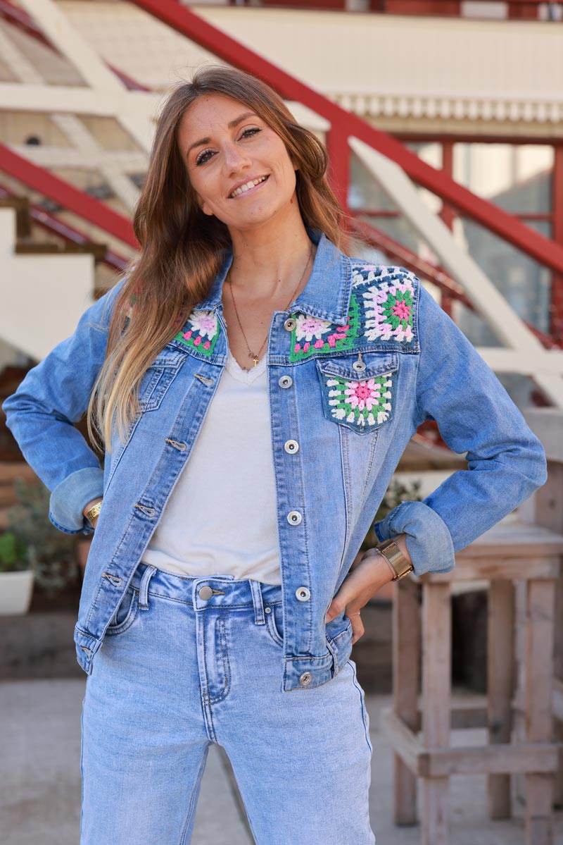 Medium Wash Crochet Squares Denim Jacket