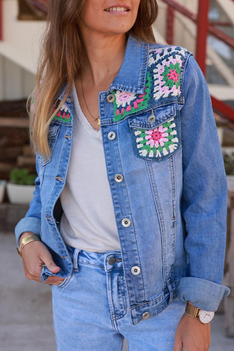 Medium Wash Crochet Squares Denim Jacket
