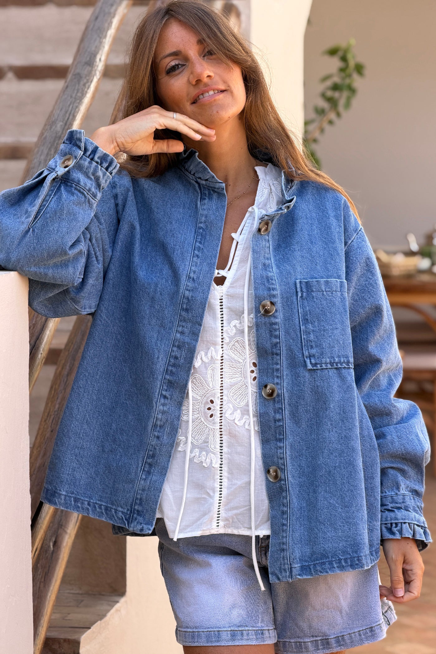 Denim Ruffled Collar Shirt Jacket