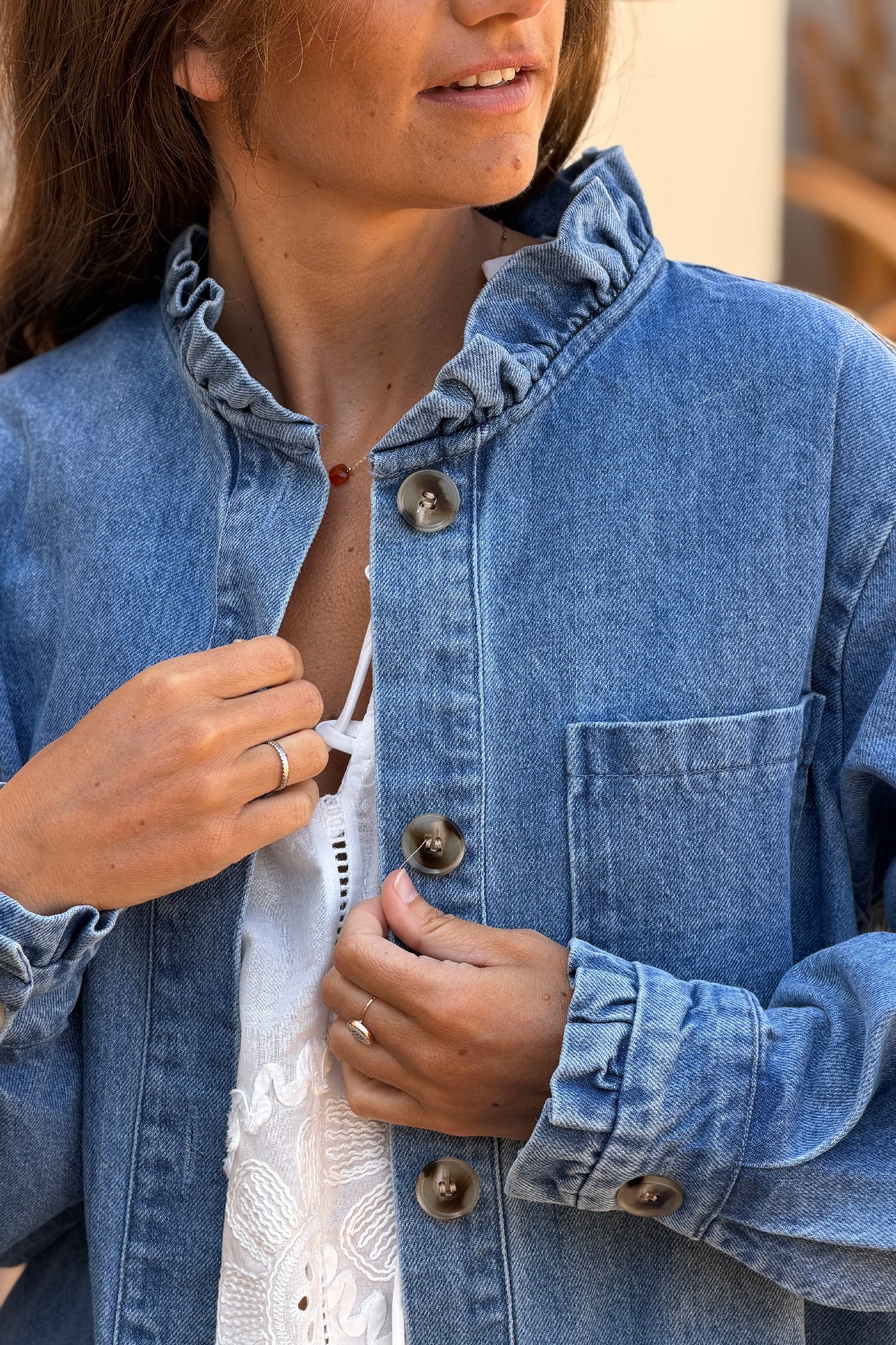 Denim Ruffled Collar Shirt Jacket