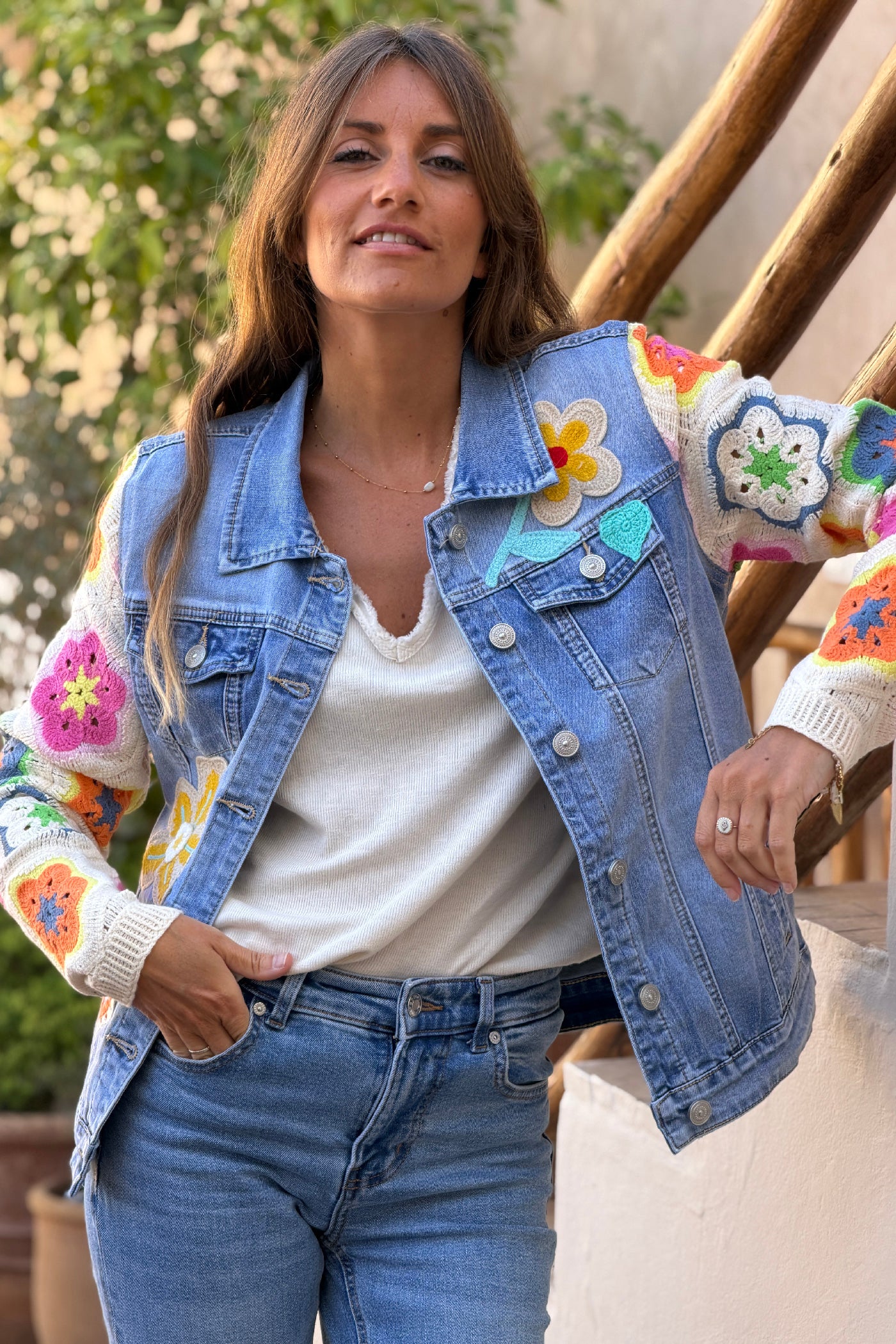 Denim Crochet Floral Applique Vest