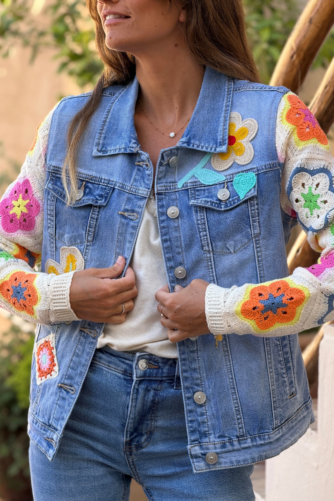 Denim Crochet Floral Applique Vest