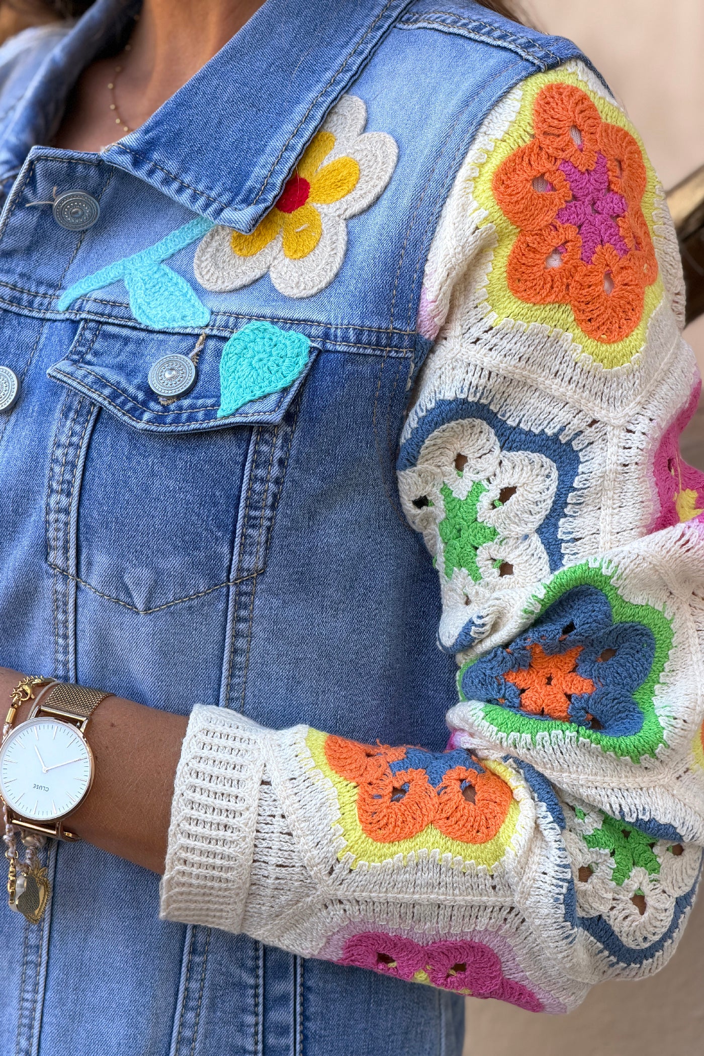Denim Crochet Floral Applique Vest