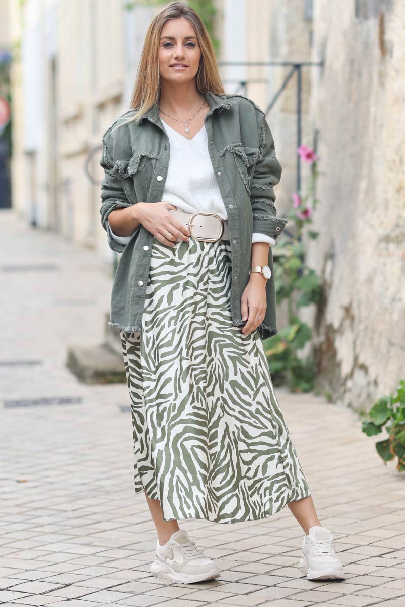 Veste en jean kaki souple petites franges dos Rock & Roll eponge e071 (1)