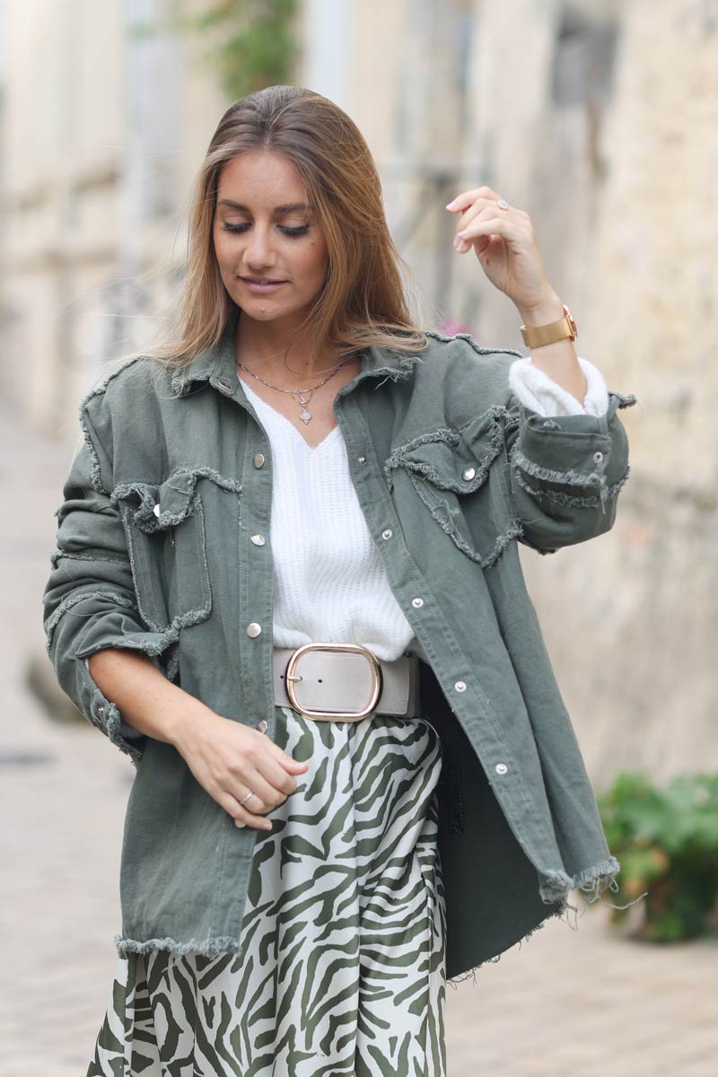 Veste en jean kaki souple petites franges dos Rock & Roll eponge e071 (1)
