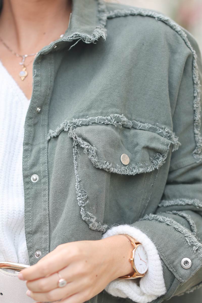 Veste en jean kaki souple petites franges dos Rock & Roll eponge e071 (1)