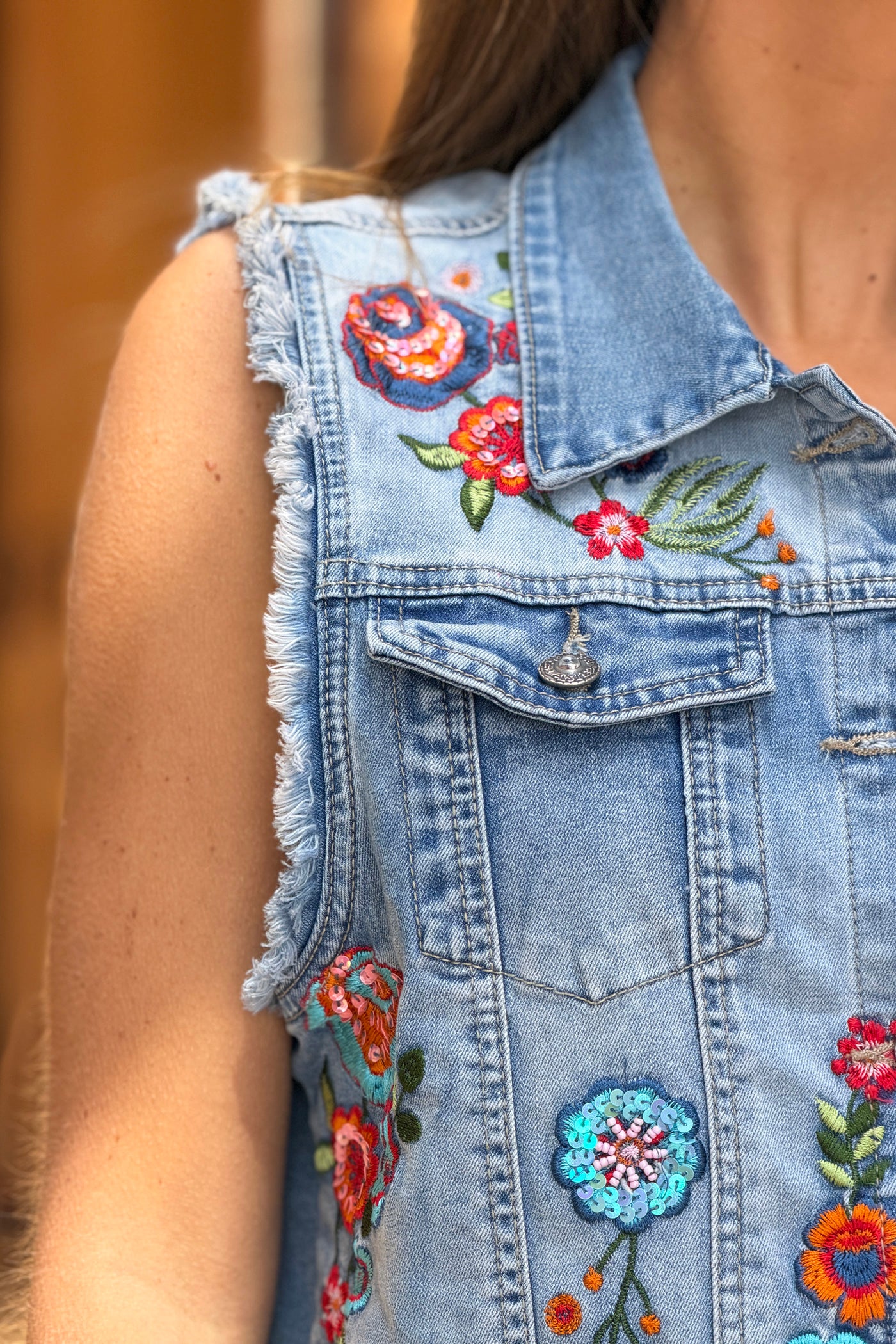 Blue jean Embroidered Flowers Denim Vest