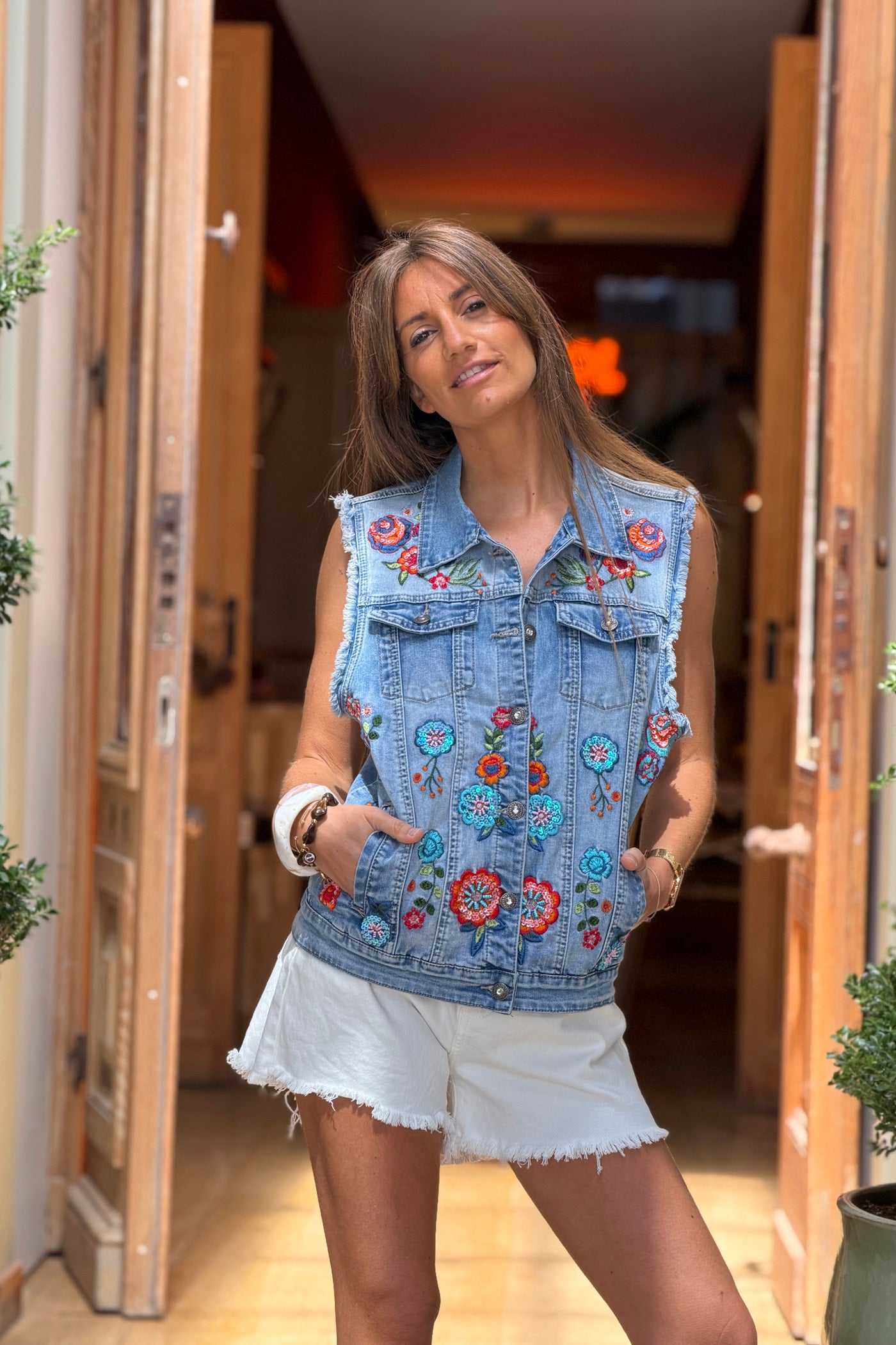 Blue jean Embroidered Flowers Denim Vest