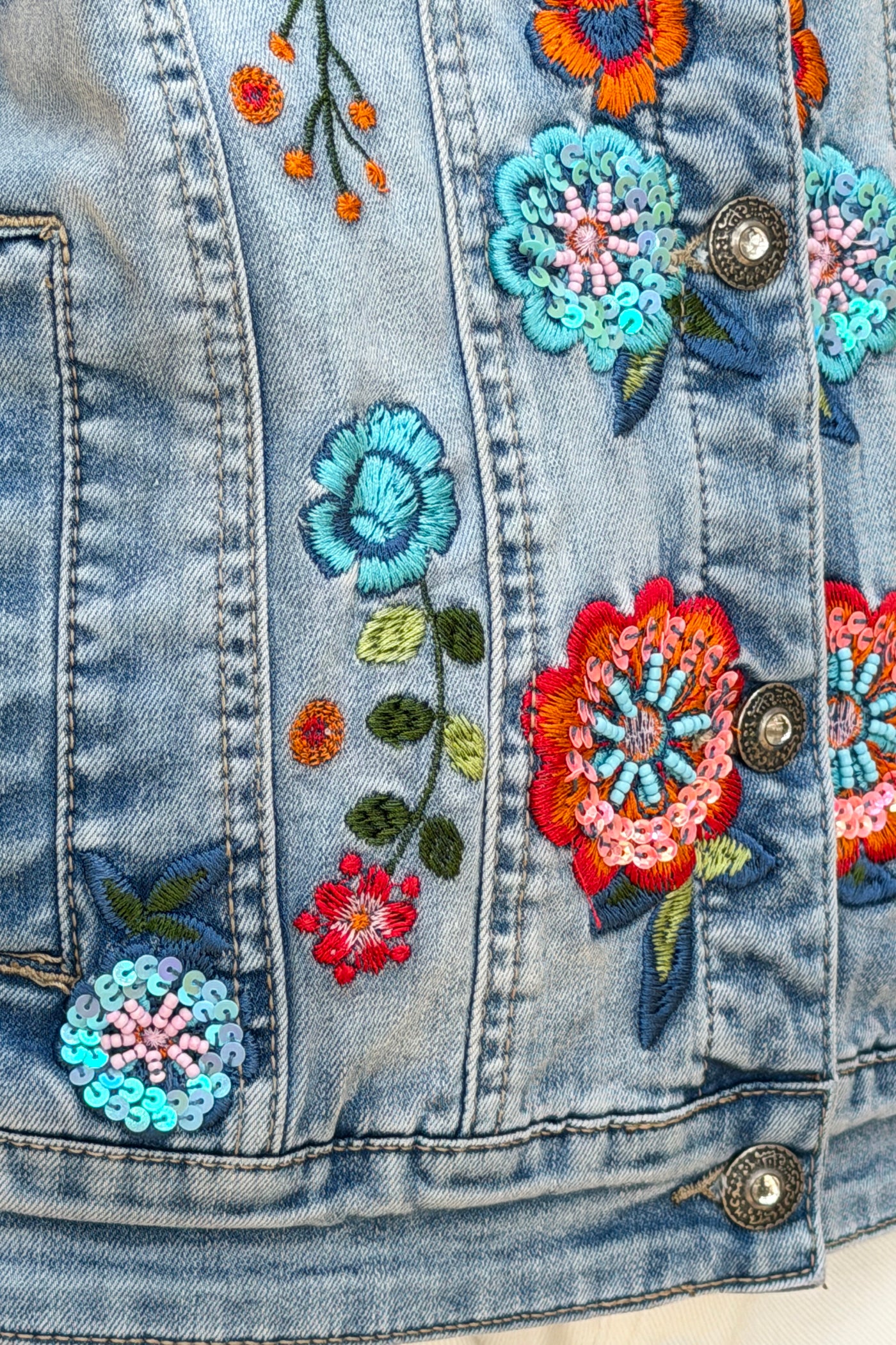 Blue jean Embroidered Flowers Denim Vest
