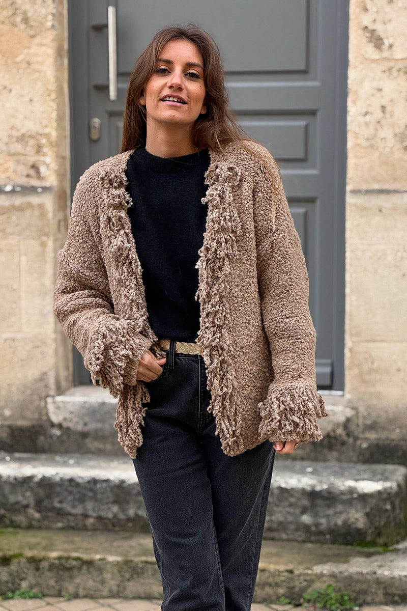 Veste en laine mélangée et alpaga camel maille bouclette franges aux manches et col