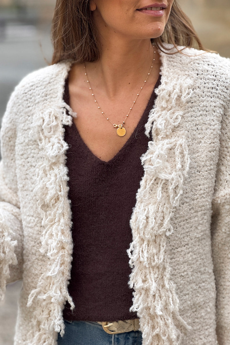 Veste en laine mélangée et alpaga écrue maille bouclette franges aux manches et col