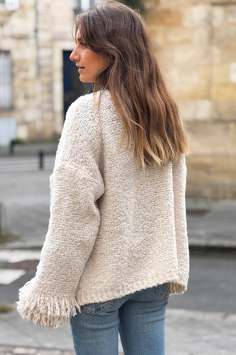 Veste en laine mélangée et alpaga écrue maille bouclette franges aux manches et col