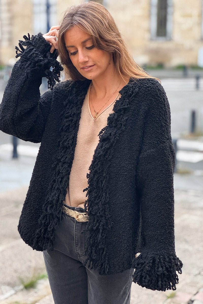 Black Boucle Fringe Cardigan