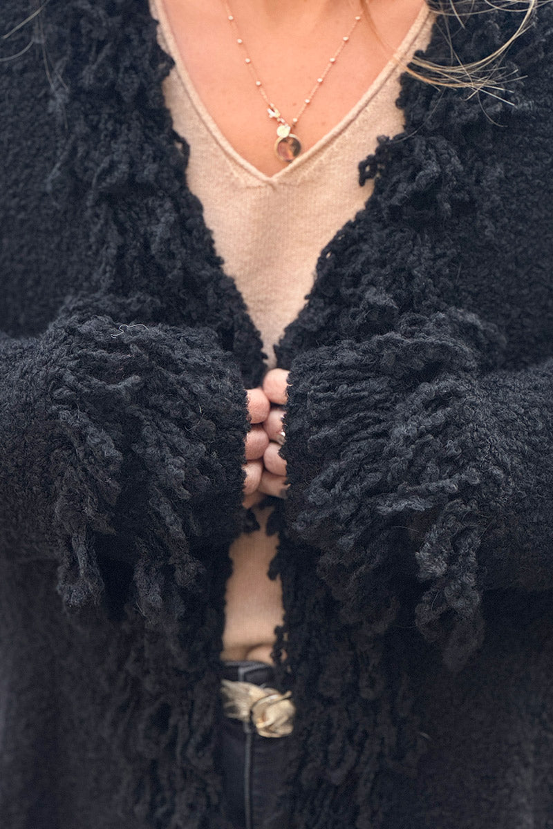 Black Boucle Fringe Cardigan