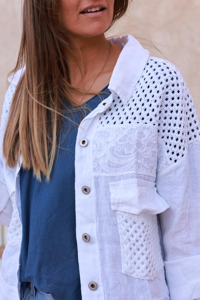 White Embroidered Crochet Linen Jean Jacket