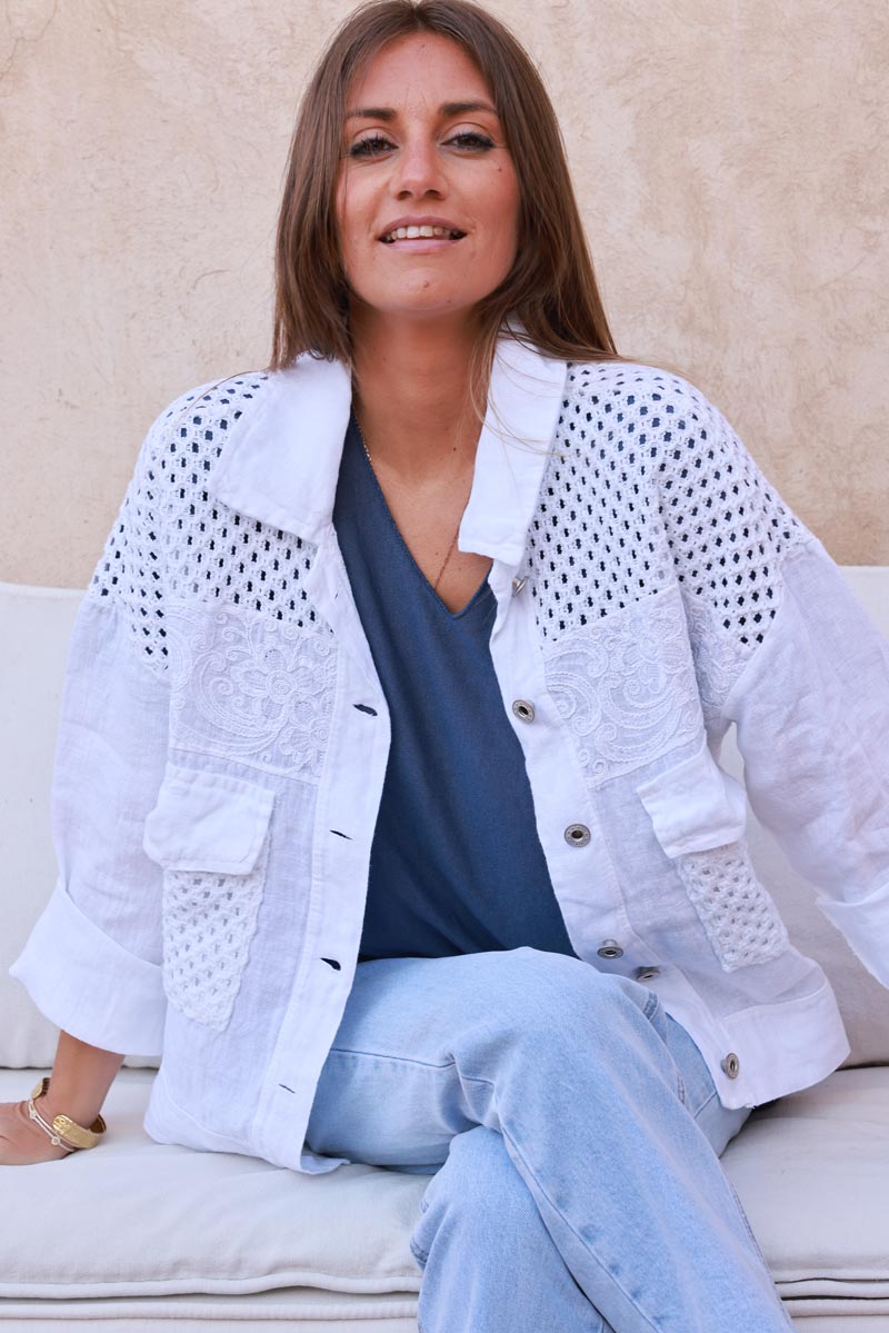 White Embroidered Crochet Linen Jean Jacket