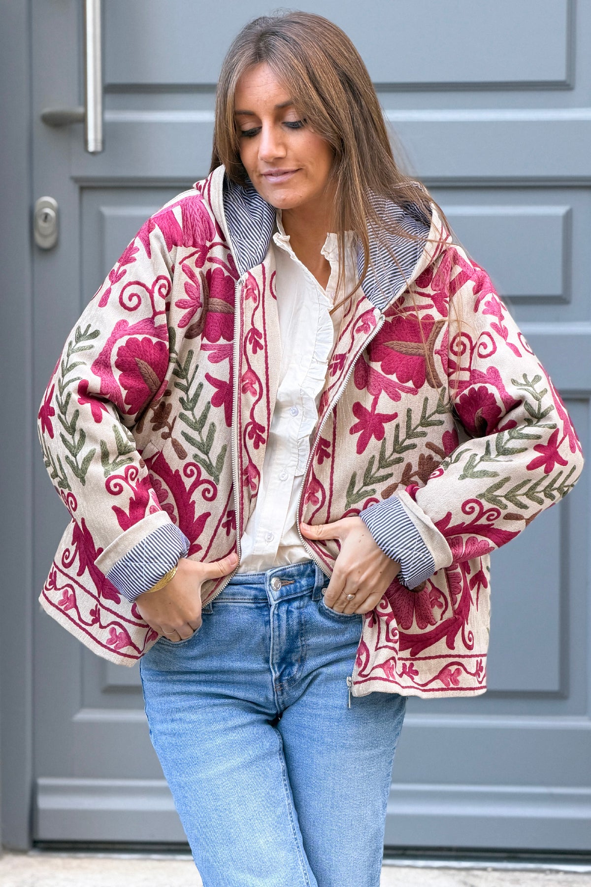 Cream Folk Art Hooded Tapestry Jacket