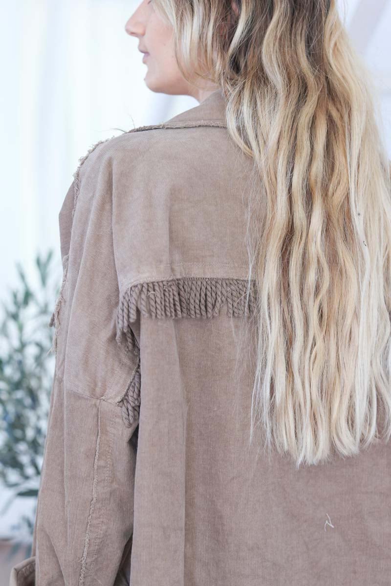 Veste en velours fin taupe petites franges style boheme E81 (1)