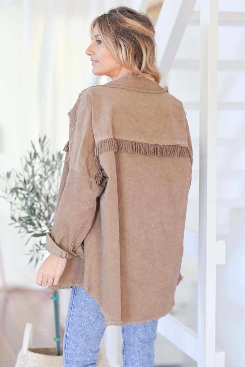 Veste en velours fin taupe petites franges style boheme E81 (1)