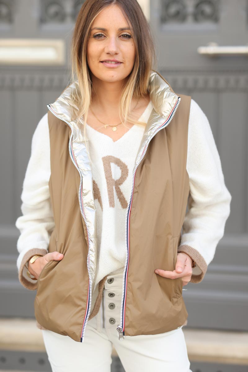 Veste imper sans manches reversible camel ou dore zippee g057 (1)