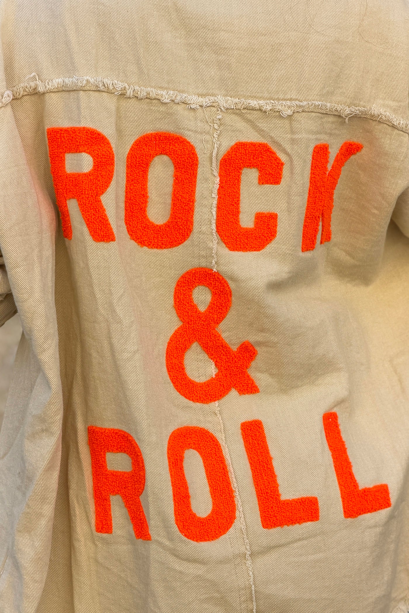 Beige denim oversized jacket 'ROCK AND ROLL' in Orange with raw seams